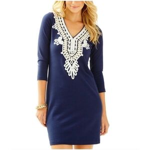 Lilly Pulitzer Clarkson Navy & Gold Embroidered Terry Stretch Dress S Small